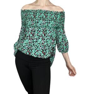 Maje Mint Floral Off-Shoulder Blouse with Black & Red Accents